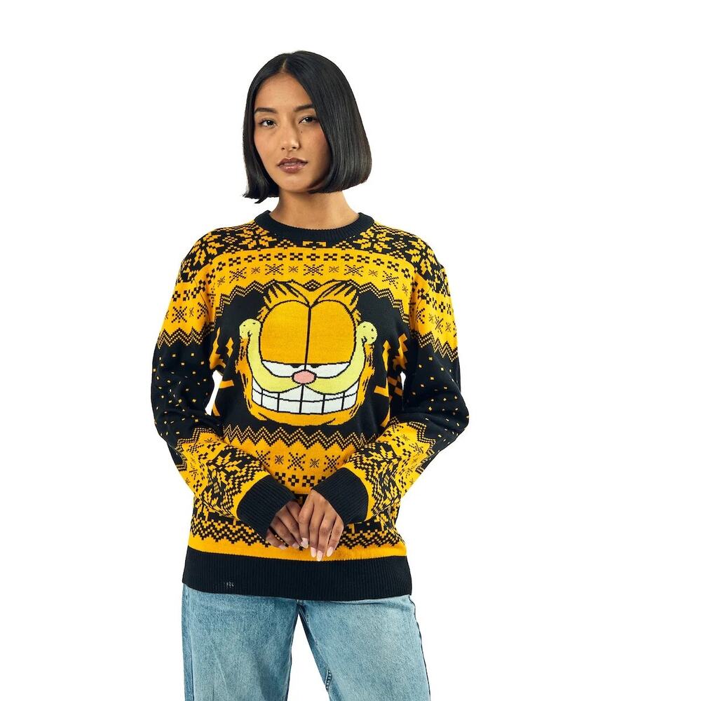 GARFIELD CHARACTER FACE LONG SLEEVE MEN'S ORANGE & BLACK CHRISTMAS SWEATER